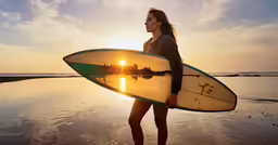 a woman in shorts standing with her surf board in the water