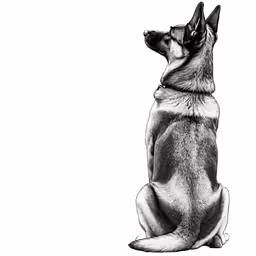 black dog on a white background looking up