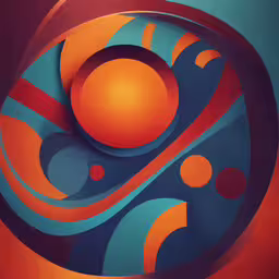 an abstract painting of red, blue, and orange shapes,a painting with orange and blue shapes in the background