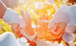 two people holding their hands up over white bubbles