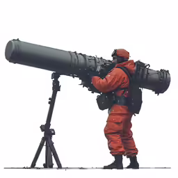 the man is dressed up in an orange suit while looking into a telescope