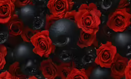 an image of red roses and skull heads
