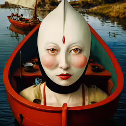 the person wearing a mask is sitting in the red boat,a woman with a white mask is in a red boat