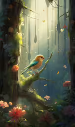 a painting of a bird sitting on a tree branch in the woods,the bird on the tree branch is sitting on the branch
