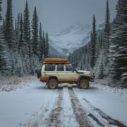 a car parked along a road in the snow,a large four wheeled vehicle driving on snow covered ground