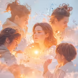 five children staring at each other with water splashing around them