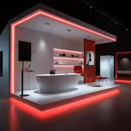 an illuminated space with an odd shaped sink