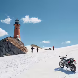a motor cycle parked on top of a snow covered slope