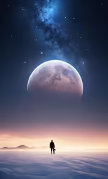 man standing on snow covered ground with view of distant moon
