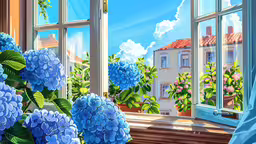 a painting of blue flowers in front of a window,the blue flowers are sitting in front of the window