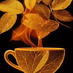yellow cup filled with hot coffee with leaf shaped cups