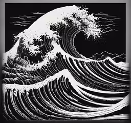 a big white wave that is in the water,a wave in black and white, a large image with lots of white waves on it