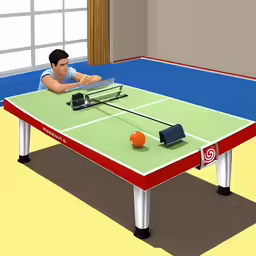 a computer generated image of a man sitting on a ping pong table