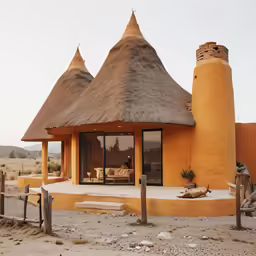 a building with an thatched roof in the desert