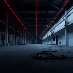 an underground room has lines of red light on the ceiling,the inside of an industrial building with lights all around