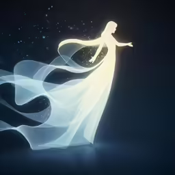 the woman is wearing a flowing white gown