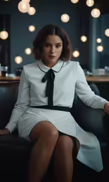 a woman with black tie is sitting down