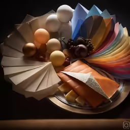 a colorful plate with some confection, a fruit and paper cones