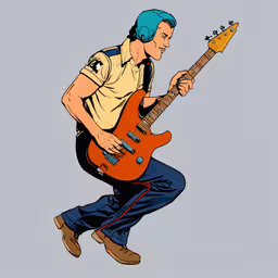 a drawing of a man playing guitar,a man jumping while playing an electric guitar