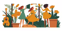 illustration of three people dancing with flowers in the foreground