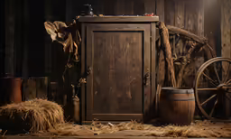 an old wooden cupboard sitting next to a wooden wheel