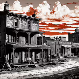 the view of an old style motel building,old buildings line the street in an illustration