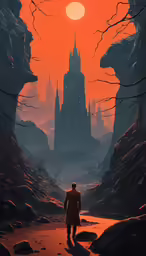 an illustration showing a lone man walking on the path to a castle