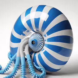 a large blue and white striped toy has an odd design on it