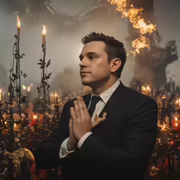 a man is praying in front of many candles