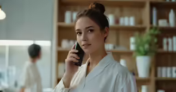 a woman talks on her cell phone in front of a shelf