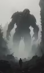a giant monster is walking through a foggy forest
