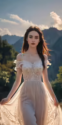 a beautiful young woman standing on top of a hill