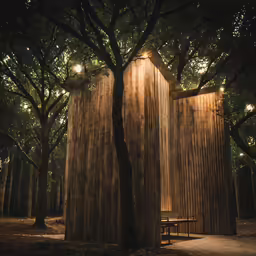 a rustic structure sitting underneath trees in the woods