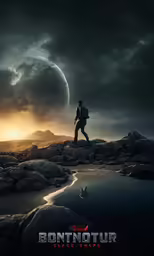 a man in a suit walks along rocks towards a lake on a rocky landscape beneath a giant moon
