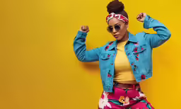 a woman wearing sunglasses and an ear band stands against a yellow background