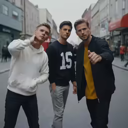three men, one pointing a finger while standing next to each other