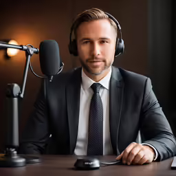 a man is sitting at a desk in a recording studio with headphones
