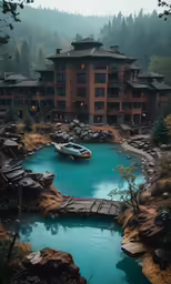 a boat floating in a body of water near a building