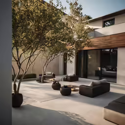 a tree stands outside an elegant modern house