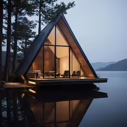 a modern floating cabin sits on a lake at night