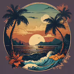 the sunset behind some palm trees and ocean waves,an orange and blue tropical print in the shape of a circle