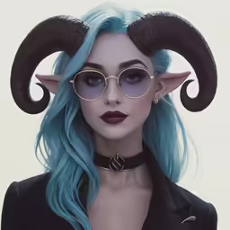 a woman wearing glasses and horns with big hair