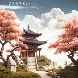 there is an asian temple with flowers on it