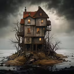 an old house on the water with stairs that lead to it