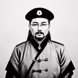 an black and white photograph of a man in uniform