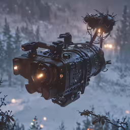 a camera on a tripod with the lights on in a winter scene