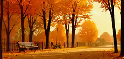 an orange sky with leaves on the ground and an empty park bench,there is no image here to provide a caption for