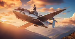 an airplane is flying above the mountains while a person looks on