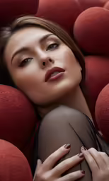a woman laying in a ball of red seats with her hands on her chest
