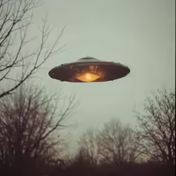 a metal flying saucer hovering over trees in the sky
